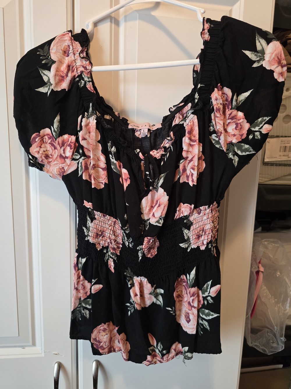 Crave Fame Black Floral Smocked Peasant Top with Pink Roses